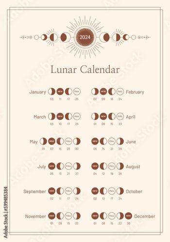 2024 year lunar phases schedule and cycles calendar, monthly moon planner template. Astrological lunar stages calendar banner, card, poster boho style vector illustration