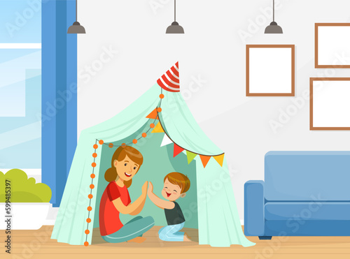 Cute Mom with Son Playing Patty-cake Sitting in Tent Having Fun Vector Illustration