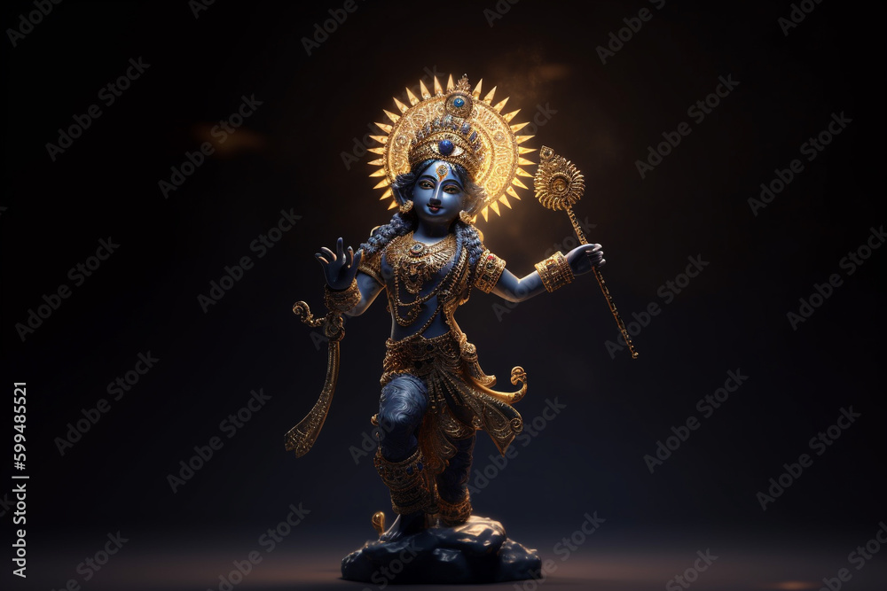 Fototapeta premium Culture and religious concept. God Krishna sculpture. Blue colored. Copy space. generative AI