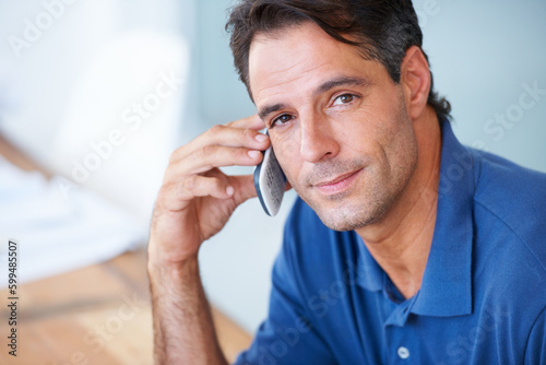 Portrait, business and man with phone call, connection and conversation for planning, confident and talking. Face, mature male employee and entrepreneur with smartphone, network and communication
