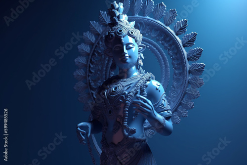 Culture and religious concept. God Krishna sculpture. Blue colored. Copy space. generative AI photo