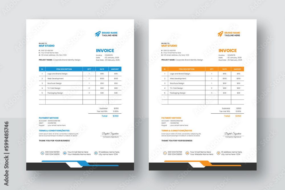 Business corporate creative invoice template. Business invoice for your business, print ready invoice template. minimal yellow and blue invoice template vector design Business corporate creative invoice template. Business invoice for your business, print ready invoice template. minimal yellow and blue invoice template vector design