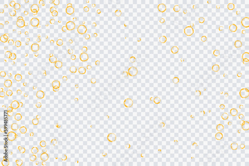 Golden air bubbles, oxygen, champagne crystal clear, isolated on a transparent background of modern design. Vector illustration of eps 10.