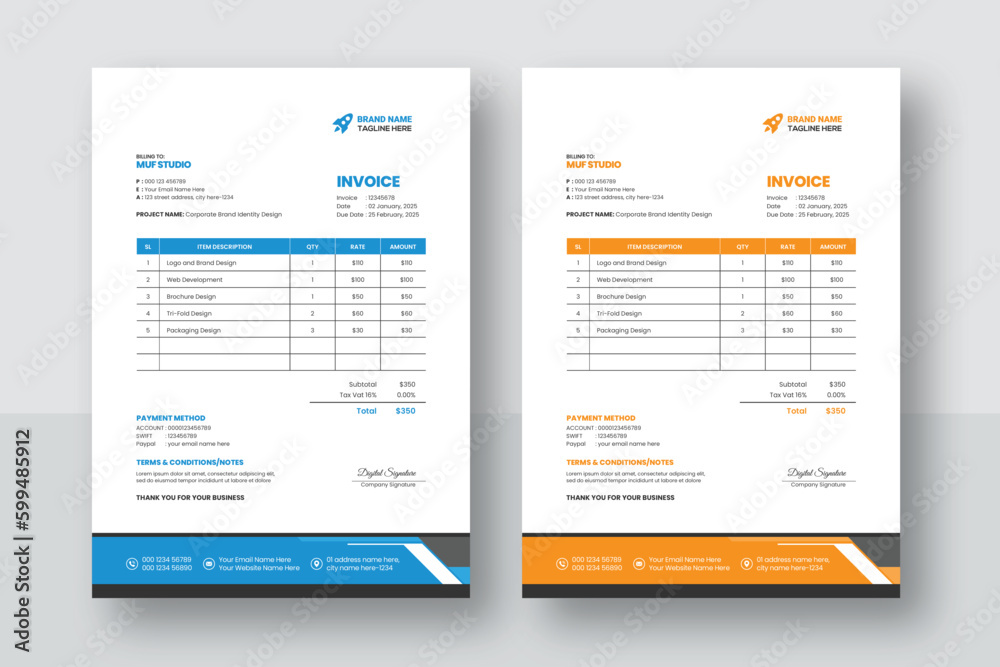 Business corporate creative invoice template. Business invoice for your business, print ready invoice template. minimal yellow and blue invoice template vector design Business corporate creative invoice template. Business invoice for your business, print ready invoice template. minimal yellow and blue invoice template vector design