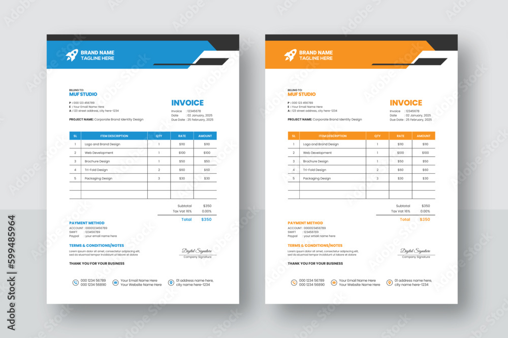 Business corporate creative invoice template. Business invoice for your business, print ready invoice template. minimal yellow and blue  invoice template vector design