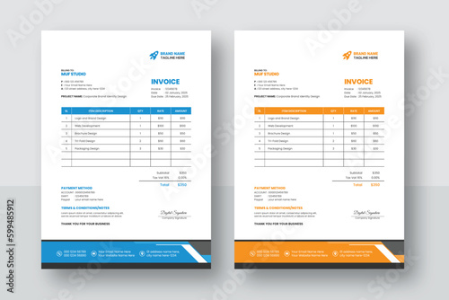 Business corporate creative invoice template. Business invoice for your business, print ready invoice template. minimal yellow and blue  invoice template vector design