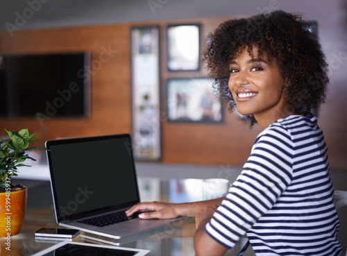 Laptop, portrait and woman for work from home opportunity, creative freelancer career and happy job mindset. Face of young African person or remote worker smile while working on computer screen