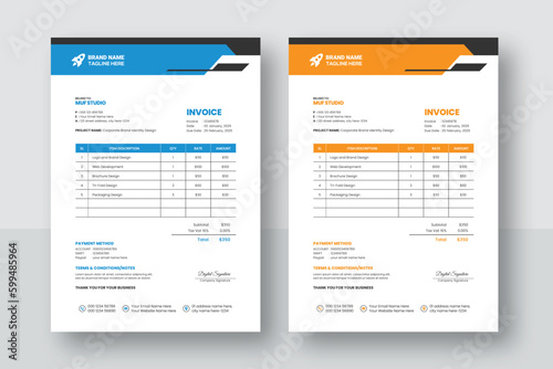 Business corporate creative invoice template. Business invoice for your business, print ready invoice template. minimal yellow and blue invoice template vector design