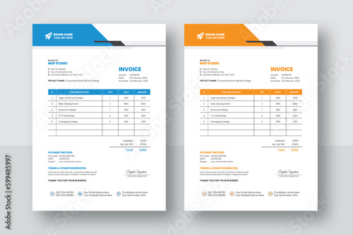 Business corporate creative invoice template. Business invoice for your business, print ready invoice template. minimal yellow and blue invoice template vector design