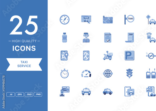 Vector set of Taxi Service icons. The collection comprises 25 vector icons for mobile applications and websites. © freeslab