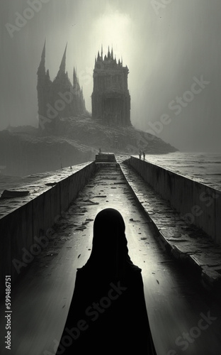 silhouette of person on the bridge, horror theme, Generated AI