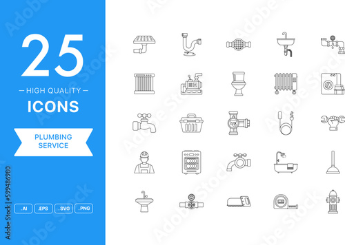 Vector set of Plumbing Service icons. The collection comprises 25 vector icons for mobile applications and websites.