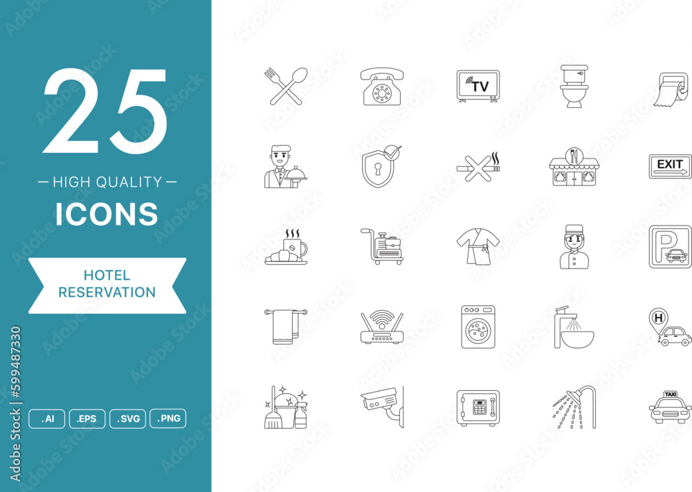 Vector set of Hotel Reservation icons. The collection comprises 25 vector icons for mobile applications and websites.
