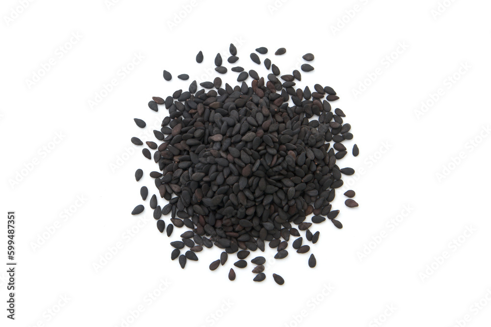 Pile of black sesame seeds isolated on white background , top view , flat lay. Pile of black sesame seeds isolated on white background , top view , flat lay.