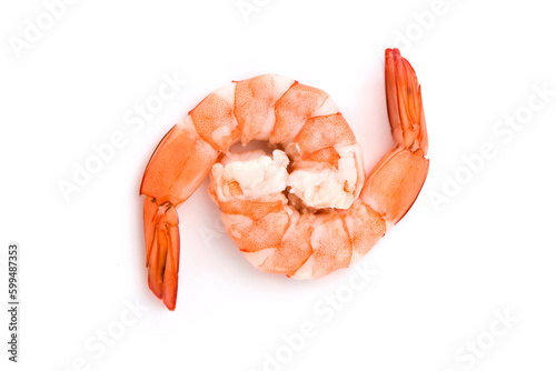 Cooked shrimp isolated on white background ,top view ,flat lay.