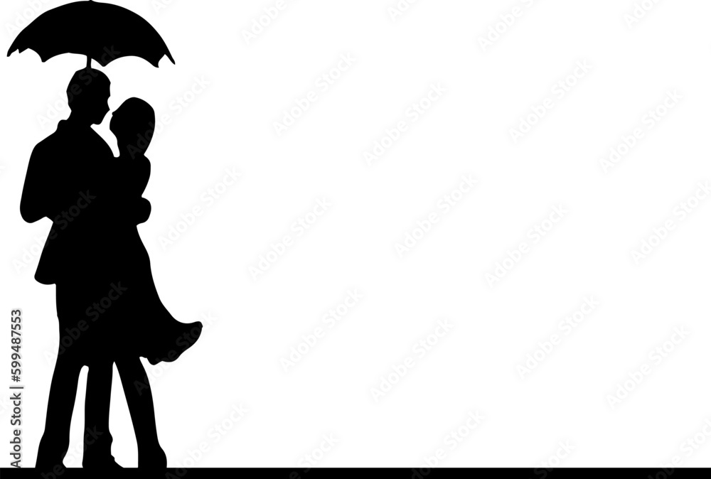 Black and White Vector Illustration of a Couple in Love Holding an Umbrella