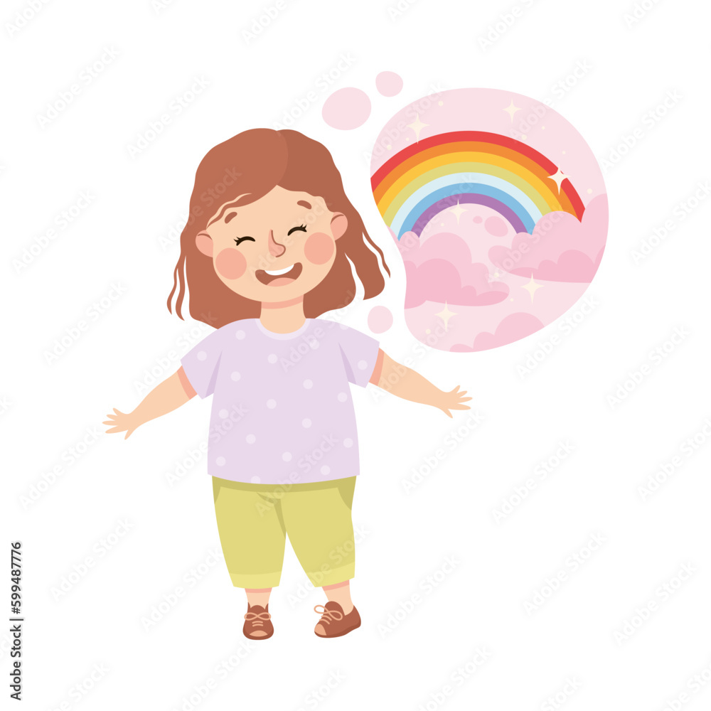 Little Girl Imagining Rainbow and Clouds in Bubble Having Fantasy Vector Illustration Little Girl Imagining Rainbow and Clouds in Bubble Having Fantasy Vector Illustration