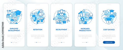 Education assistance benefits blue onboarding mobile app screen. Walkthrough 5 steps editable graphic instructions with linear concepts. UI, UX, GUI template. Myriad Pro-Bold, Regular fonts used