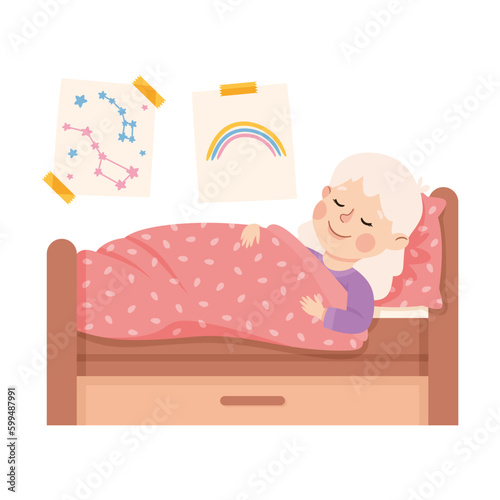 Little Girl Sleeping in Her Bed Under Blanket Having Night Rest Vector Illustration