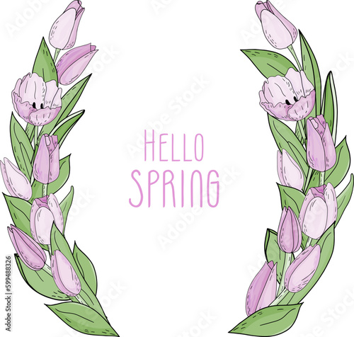 Hand drawn vector floral frame with pink flowers tulips, branch and leaves. Elegant logo template.