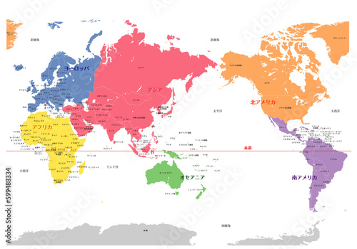 世界地図（州・大陸）国名・境界線あり photo