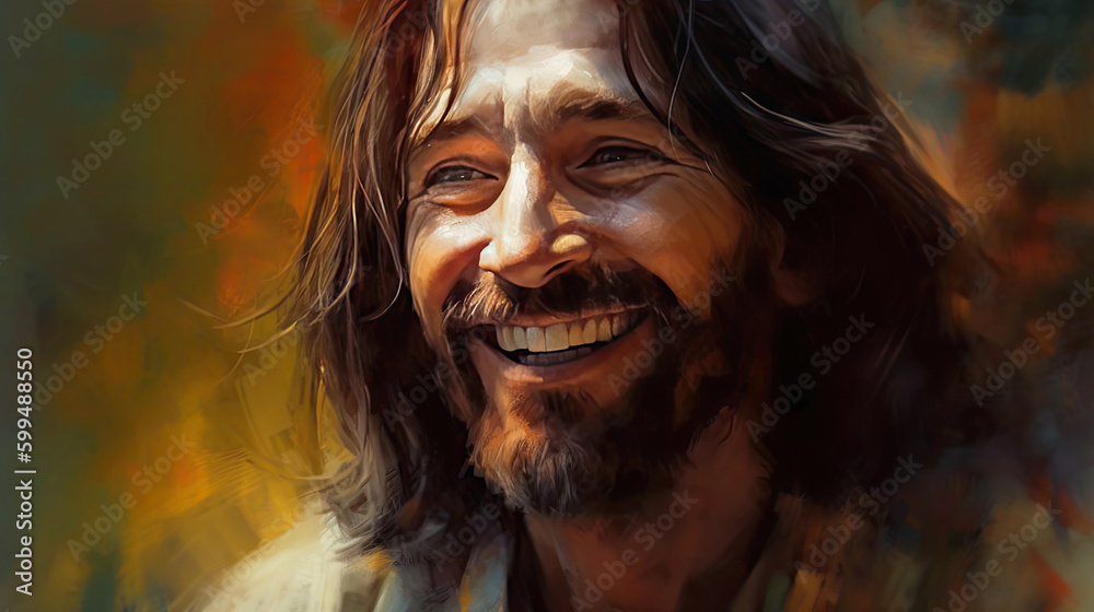 Illustration painting of smiling happy Jesus Christ with bright expression, painted on canvas oil painting, Generative AI
