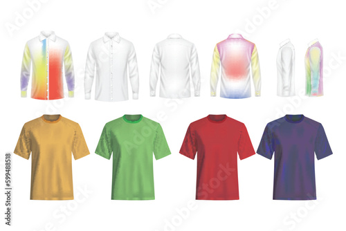 T-shirt mockup set on white background, front, side, back and perspective view. Vector eps10 illustration. colorful t shirts Realistic t-shirt and shirt. White mockup isolated template, 3D blank male 