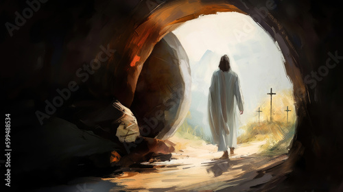 A stone door opens to reveal the resurrected Jesus Christ from the tomb and a cross symbolizing death and Easter background concept. Generative AI
 photo
