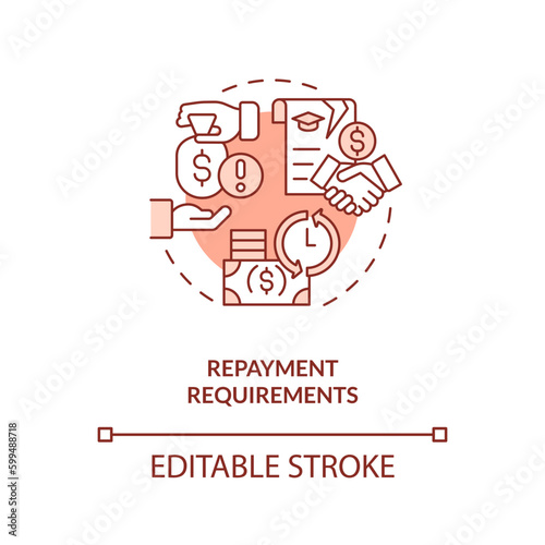 Repayment requirements red concept icon. Tuition assistance. Pay back. Income tax. Tuition reimbursement. Student aid abstract idea thin line illustration. Isolated outline drawing. Editable stroke