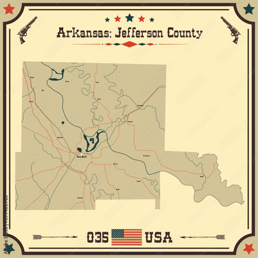 Large and accurate map of Jefferson County, Arkansas, USA with vintage colors.