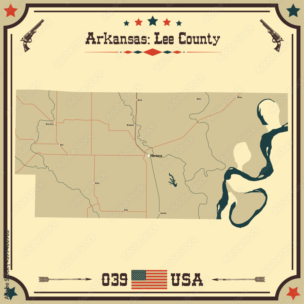 Large and accurate map of Lee County, Arkansas, USA with vintage colors.