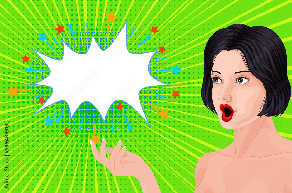 Speech bubble and surprised woman with hand illustration pop art empty