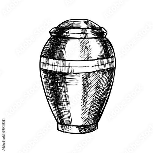 Hand drawn sketch of burial urn with ashes. Funeral service vector hand drawn design. Sketch illustration for condolence card. Last farewell for dead person