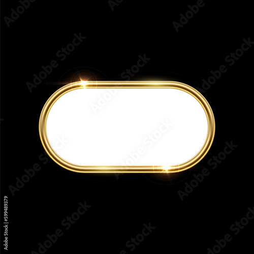 3d plate button of ellipse shape with golden frame vector illustration. Realistic isolated website element, golden glossy label for game UI, badge of navigation menu with shiny light effect border