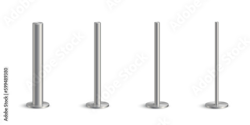 3d metal pole signpost on base vector illustrations set. Realistic grey steel, iron or chrome pillars with polished surface, vertical different diameter cylinder pipe holders for board or flag