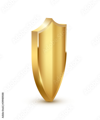 Isometric gold shield vector illustration. Realistic isolated golden armory trophy with metal coat, 3d luxury safety protection emblem, vintage blank shiny royal award