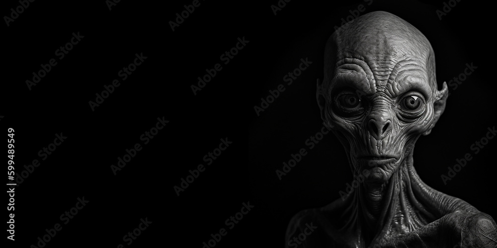 Black and white photorealistic studio portrait of a Grey Alien on black background. Generative AI illustration