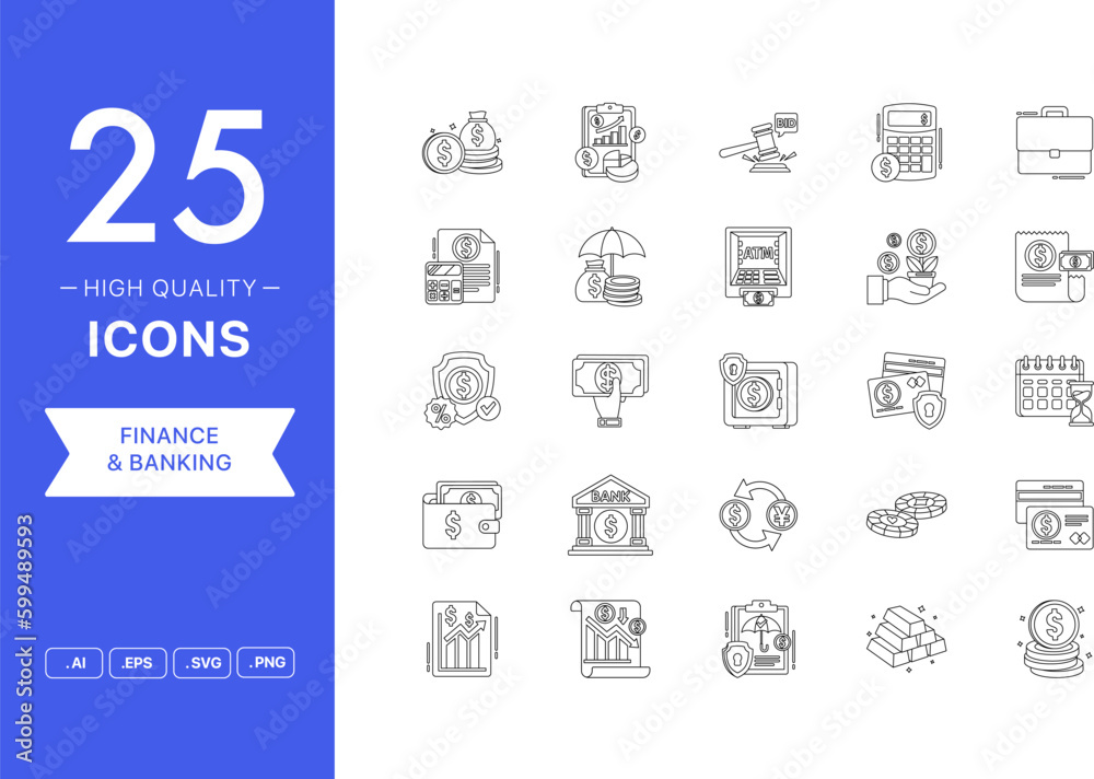 Vector set of Finance icons. The collection comprises 25 vector icons for mobile applications and websites. Vector set of Finance icons. The collection comprises 25 vector icons for mobile applications and websites.