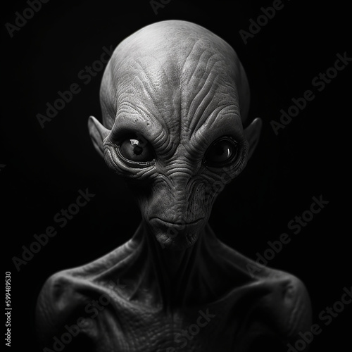 Black and white photorealistic studio portrait of a Grey Alien on black background. Generative AI illustration