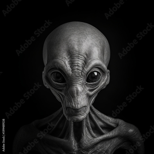 Black and white photorealistic studio portrait of a Grey Alien on black background. Generative AI illustration