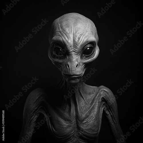 Black and white photorealistic studio portrait of a Grey Alien on black background. Generative AI illustration