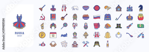 A collection sheet of linear color icons for Russia, including icons like Pancakes, Hokey and more