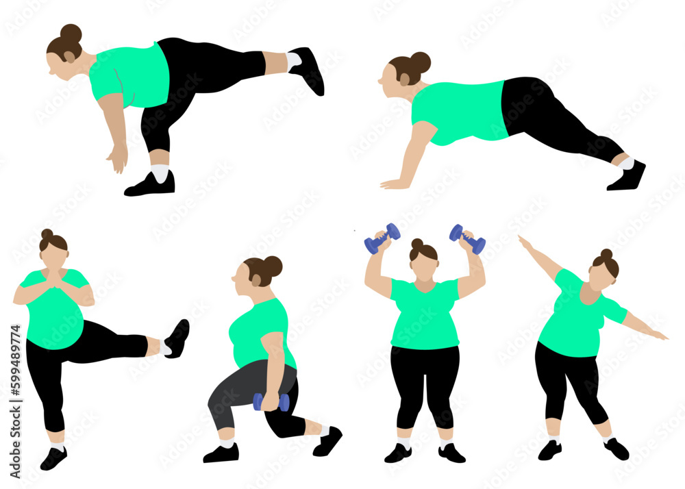 Vector art set of poses of an overweight woman doing yoga, exercising and lifting weights Vector art set of poses of an overweight woman doing yoga, exercising and lifting weights