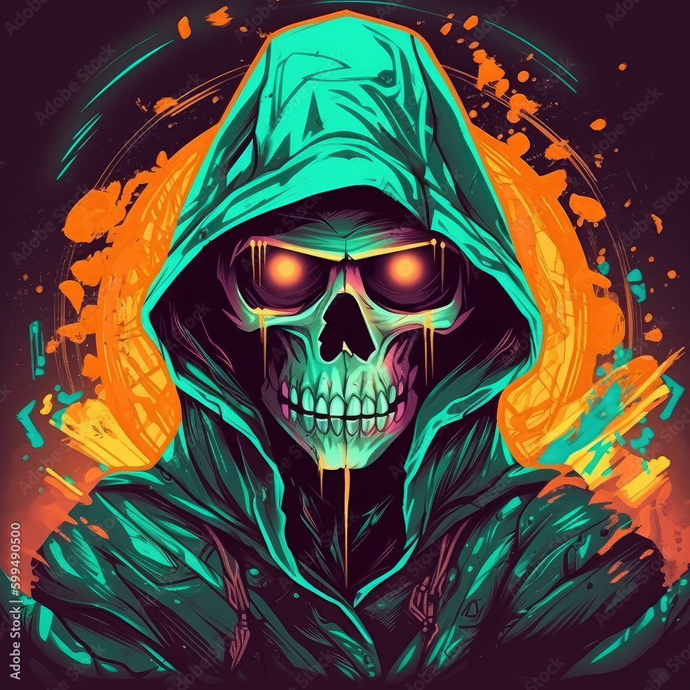 Gothic Skull Vibrant Vision Skull and Reaper in Hood streetwear style Illustration AI generated
