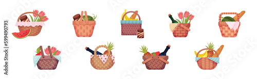 Wicker Picnic Basket or Hamper Full with Foodstuff Vector Set