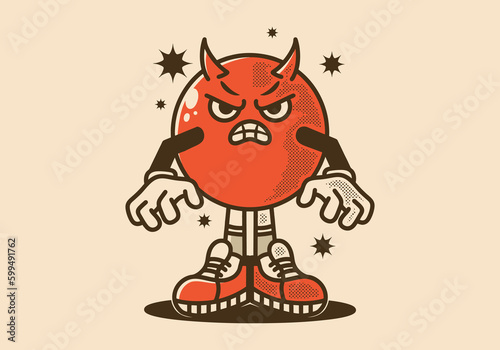 Vintage mascot character of ball head devil with an angry expression
