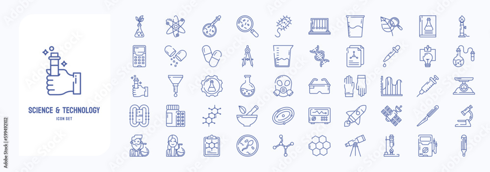 A collection sheet of outline icons for Science and technology ...