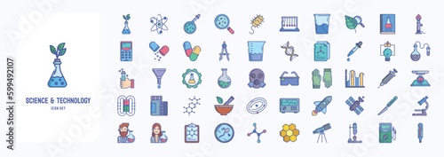 A collection sheet of linear color icons for Science and technology, including icons like Agriculture, Atom, Bacteria Testing, Bacteria and more