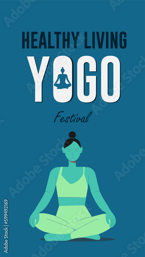 Yoga Festival. Healthy Living. Women doing yoga meditation exercises for yoga concept. Poster, web banner design in blue background vector illustration.
