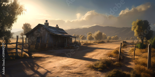 Ranch background with house on sunset. Countryside sunrise. Beautiful nature landscape. Generative Ai.